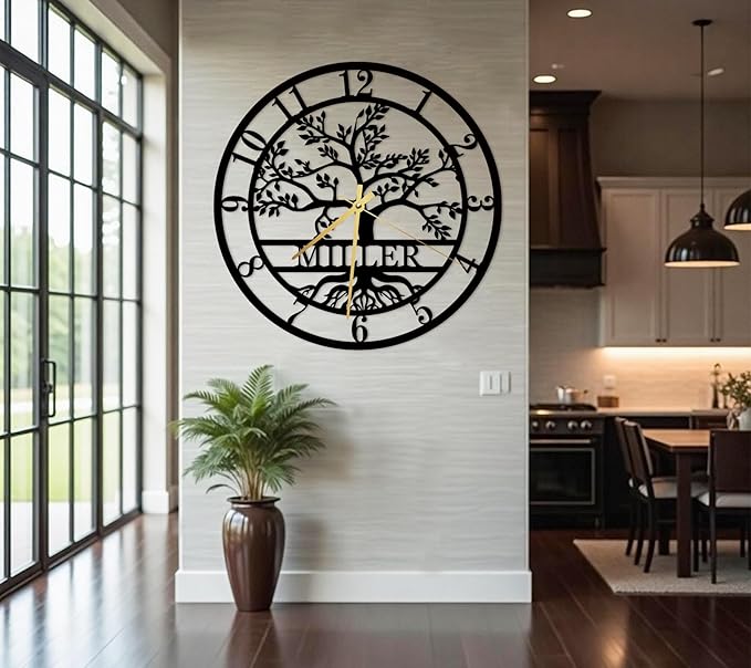 Custom Metal Tree of Life Wall Clock, Personalized Last Name Wall Decor, Silent Clock, Large Family Name Home Decor, Wall Hanging Olive Tree Sign, New Home Gift
