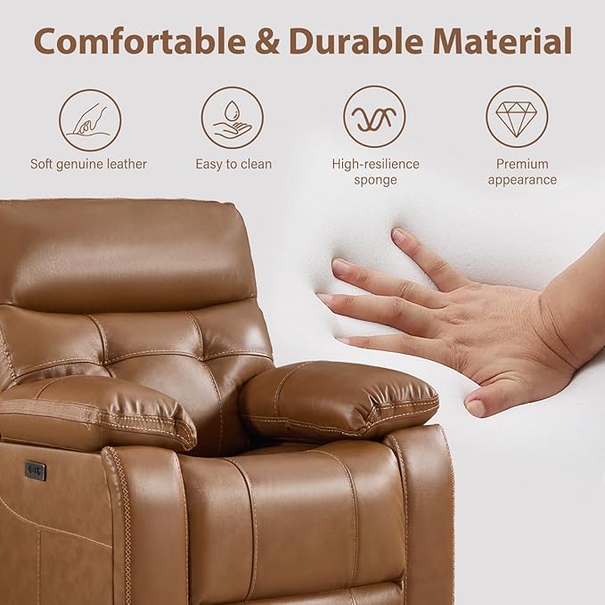CANMOV Genuine Leather Power Recliner Sofa Set,Power Recliner Chair and Sofa Set, 2 Pieces Leather Couch with Storage Console, USB Ports, Cup Holders for Living Room,Brown