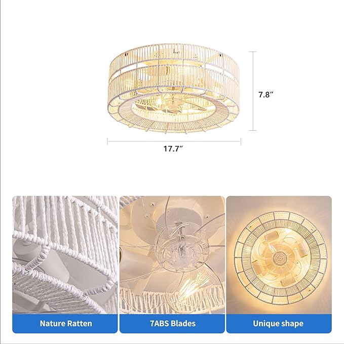 Boho Caged Ceiling Fans with Lights Flush Mount，Layered Rattan Ceiling Fan with Light Remote Control，White Farmhouse Low Profile 6 Speeds Ceiling Fan for Bedroom,Living Room,Kitchen,Dining Room