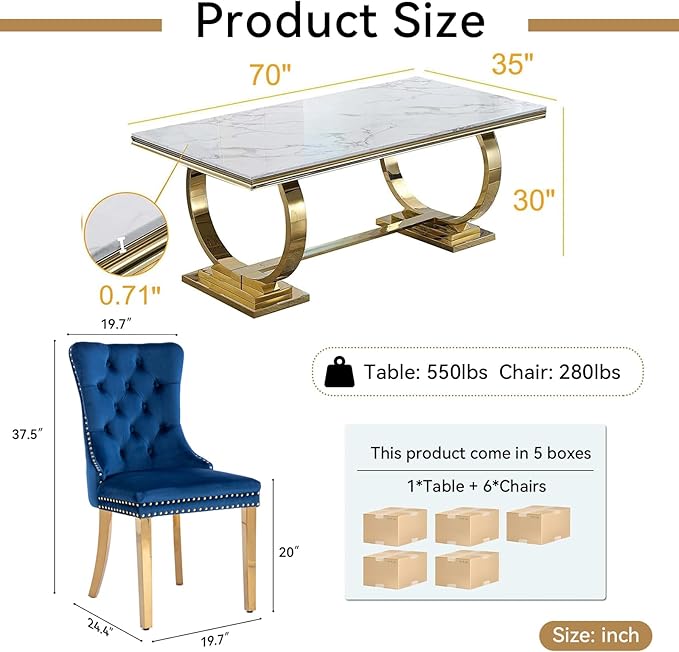 7 Piece Marble Dining Table Set for 6, Luxury White Marble Gold Kitchen Table with 6 Blue Velvet Upholstered Chairs, Modern 6 Person Dining Room Table Set for Kicken Dining Office Room