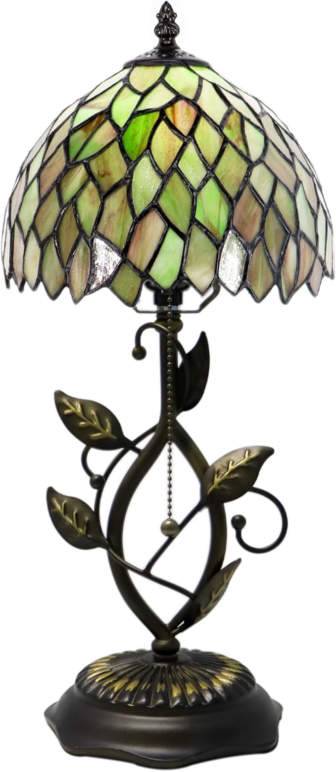 Small Tiffany Lamp Brown Green Leafage Style Stained Glass Table Lamps Desk Bedside Reading Light 8X8X18 Inches with Bronze Metal Leaf Resin Base