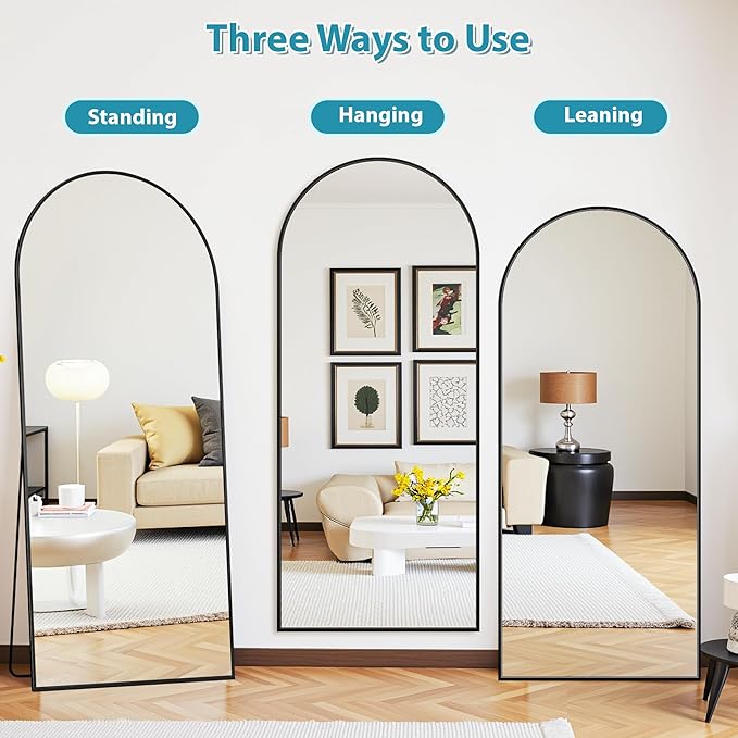 Full Length Mirror, 65"x22" Oversized Floor Mirror Freestanding, Full Body Mirror Floor Standing Mirrors with Stand, Hanging Mounted Mirrors for Bedroom Living Room, Black, Arched Style