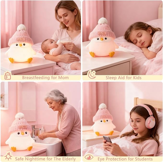 Penguin Silicone Night Light, Cute Pink Penguin Lamp with Hat, Nursery Nightlight for Baby , Rechargeable/Dimmable,LED Squishy Novelty Animal Bedside Touch Lamp,Funny Christmas Gifts for Kids/Girls