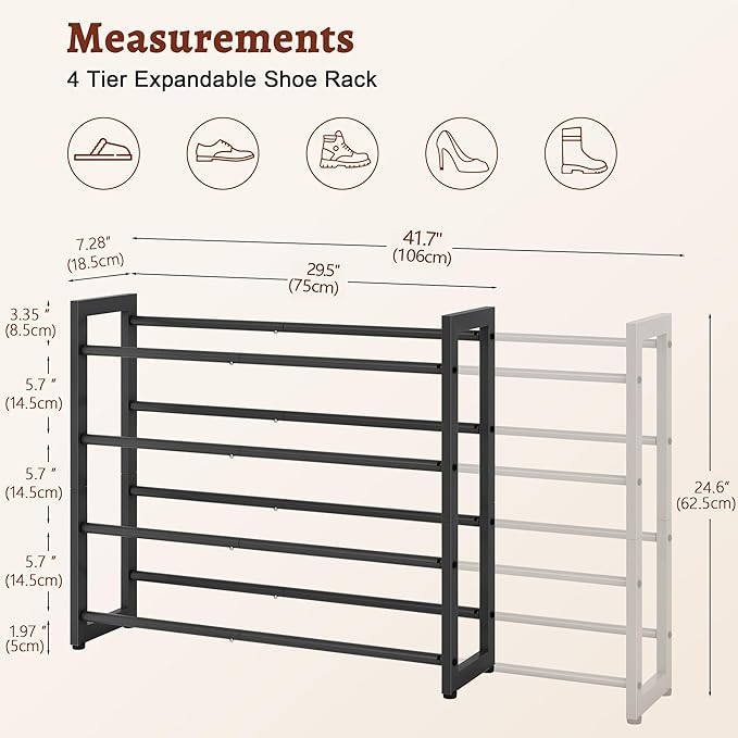 FAVOOSTY 4-Tier Expandable Shoe Rack, Adjustable Shoe Shelf Storage Organizer Space Saving Metal Free Standing Shoe Rack for Entryway Closet Doorway, Black