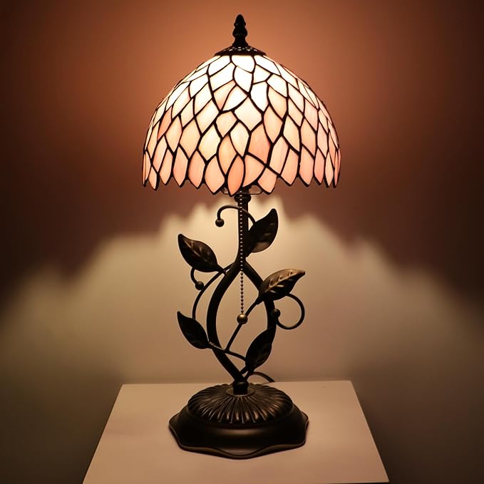 Small Tiffany Lamp Pink Leaf Style Stained Glass Table Lamps Desk Bedside Reading Light 8X8X18 Inches with Bronze Metal Leaf Resin Base