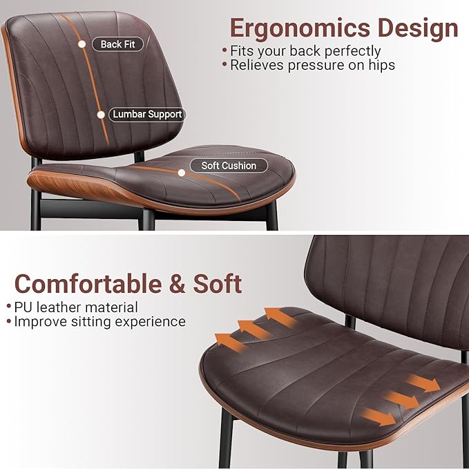 Dining Chairs Set of 4, Dining Room and Kitchen Chairs, Mid Century Modern Accent Chair, Upholstered PU Leather Chairs for Vanity with Walnut Bentwood and Metal Legs, Brown