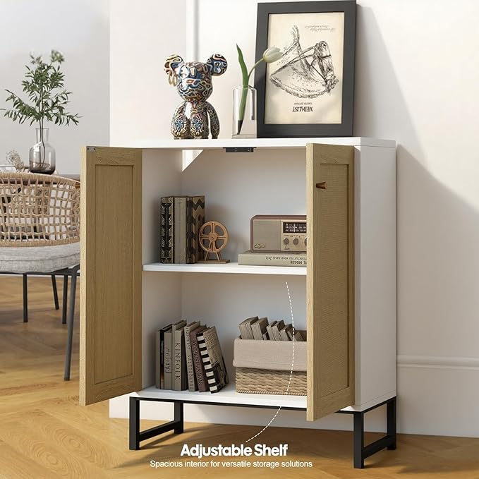 Panana Rattan Decorated 2 Doors Storage Cabinet Accent Cabinet Living Room Cupboard Kitchen Sideboard Buffet Table (White)