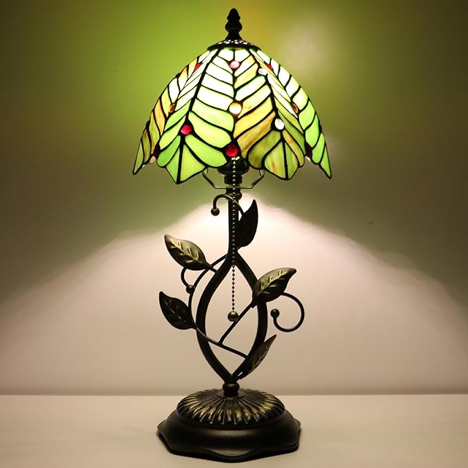 Small Tiffany Lamp Brown Green Coconut Leaves Style Stained Glass Table Lamps Desk Bedside Reading Light 8X8X18 Inches with Bronze Metal Leaf Resin Base
