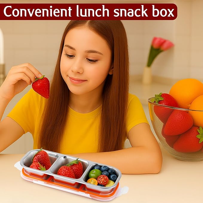 3 Pack Stainless Steel Snack Containers with Lids, 3 Compartment Food Storage Containers, Stackable Metal Divided Snack Box for Salads Picnic, Reusable Bento Lunch Box for Home Work Travel