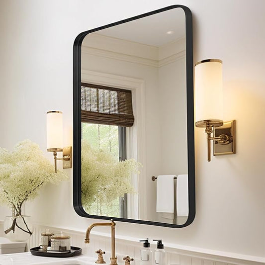Wall Mirror 24" x 36" Black Metal Deep Frame for Bathroom, Living Room, Bedroom, Entryway - Decorative Rectangular Round Corner Mounted Vanity Mirror