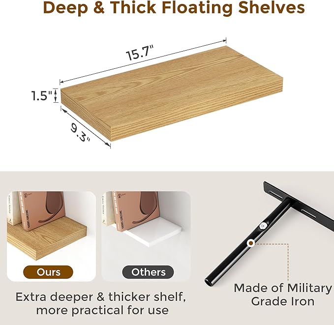 Floating Shelves 16 Inch Long, Wall-Mounted Bathroom Shelves Set of 2, 9.3 Inch Deep Shelf for Home Storage & Display, Wooden Deep Wall Shelves for Bedroom, Living Room, Kitchen, Oak Color