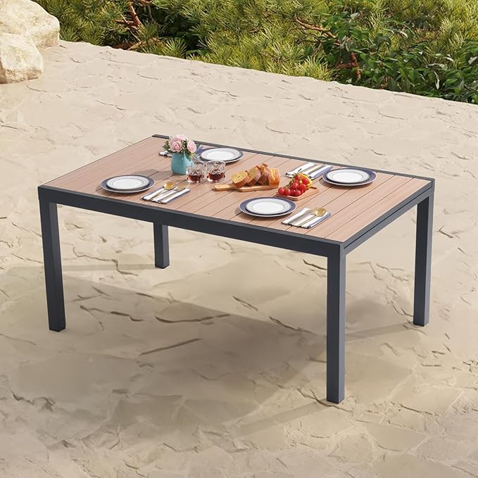 Soleil Jardin Aluminum Patio Extendable Dining Table, 63" - 105", Adjustable Indoor Outdoor Furniture Rectangle Table w/Thermal Transfer Wood Grain Tabletop for 6-10 Person Porch Deck Garden, Black