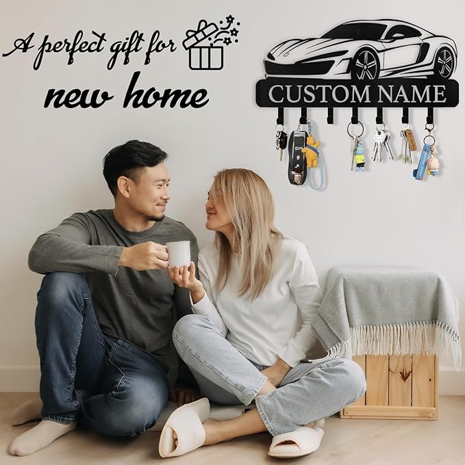 Personalized Key Holder Wall Mount - Custom Key Rack Wall Mount with Hooks, Metal Key Rack Organizer, Car Design Key Hanger, Coat Rack, Wall Mounted Decor for Entryway, Front Door, Office