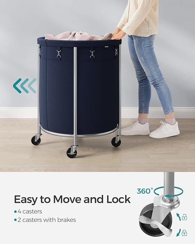 SONGMICS 50.2-Gallon (190 L) Laundry Basket with Wheels, Rolling Round Heavy-Duty Laundry Hamper Cart with Steel Frame and Removable Bag, 2 Locking Wheels, Charcoal Blue and Metallic Silver URLS001Q01