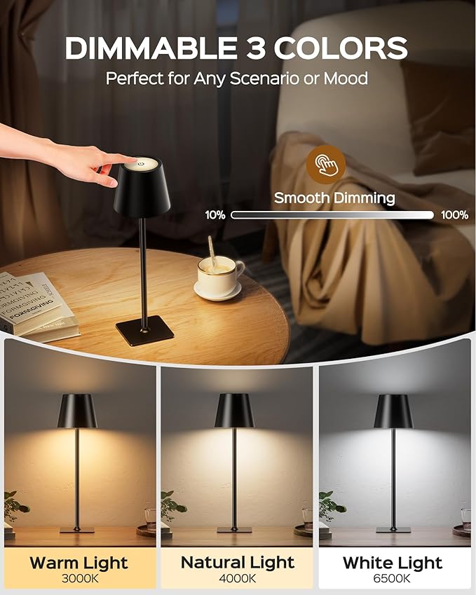 JACKYLED Cordless Lamp DIY Height, 3 Color Stepless Dimming, 5000mAh Battery Operated Lamp Portable Rechargeable for Bedroom Dinning Kitchen Metal Black, 2 Pack