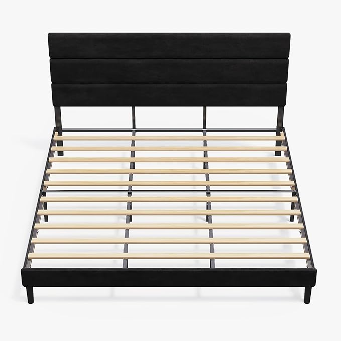 WLIVE King Size Upholstered Bed Frame, Velvet Square Tufted Headboard, Sturdy Metal & Wooden Slats Support, No Box Spring Needed, Black