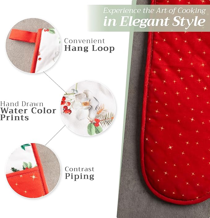 Maison d' Hermine Double Oven Mitt (7" x 35") 100% Cotton Heat Resistant BBQ Cooking Gloves with Loop for Thanksgiving Christmas Decorations Baking Cooking Barbeque Handling Hot Pan (Noel)