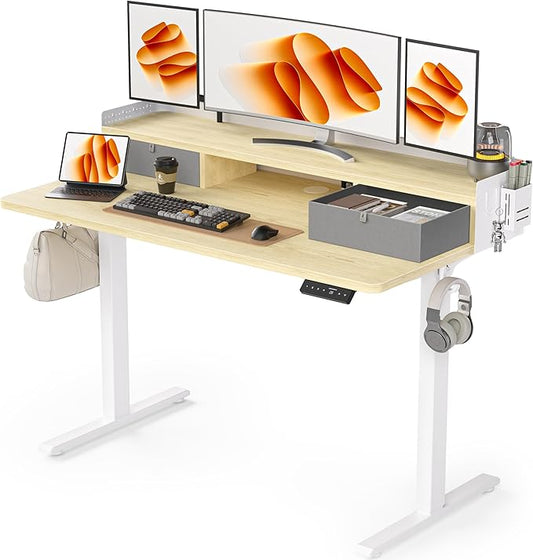 48x24 Inches Electric Standing Desk with 2 Drawers, Height Adjustable Stand up Desk for Home Office, Ergonomic Sit to Stand Table with Storage Shelf, DIY Board, Hooks, Oak