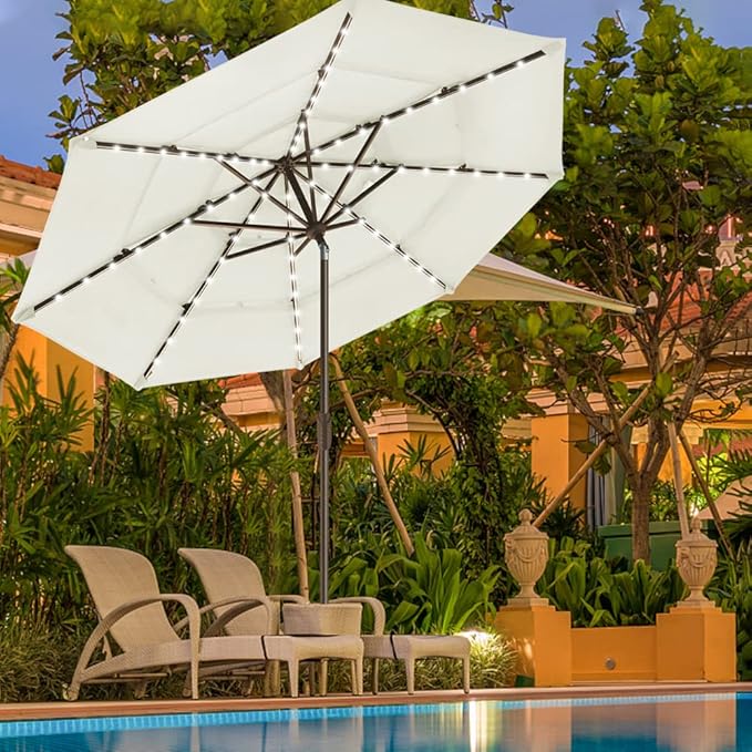 EliteShade USA 10-Year-Non-Fading Solar 9ft 3 Tiers Market Umbrella with 80 LED Lights Patio Umbrellas Outdoor Table with Ventilation,Natural