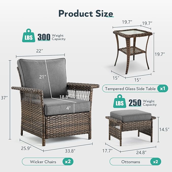 5 Pieces Wicker Patio Furniture Set - Hollow Widen Armrests Outdoor Rattan Chairs with Ottomans and Side Table, Small Patio Convention Set for Balcony Porch Deck and Yard - Brown - Gray