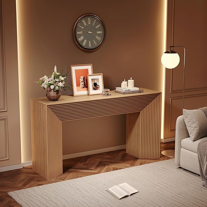 55-Inch Wood Entryway Table with Storage, Narrow Long Sofa Table Behind Couch, Fluted Console Table for Entryway, Hallway, Living Room, Accent Table for Decoration and Organization, Natural Wood