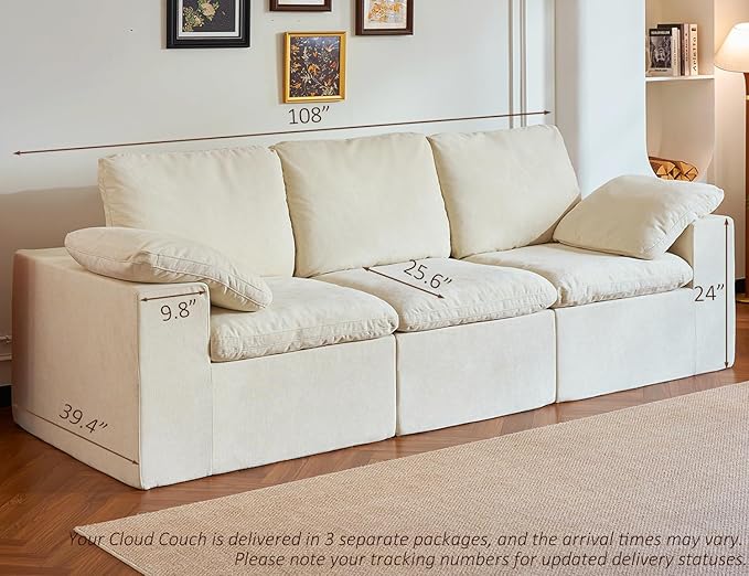 Cloud Couches for Living Room, 108” Boneless Couches Oversized Modular Sectional Sofas, No Assembly, Adjustable Backrest, Comfy Deep Seats, 3-Seater, Beige