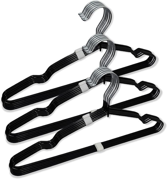 ‌Stainless Steel Heavy Duty Hangers - Non-Slip Rubber Coated, Space Saving Ultra Thin Design for Coats, Pants & Dresses (32 Pack, Black)