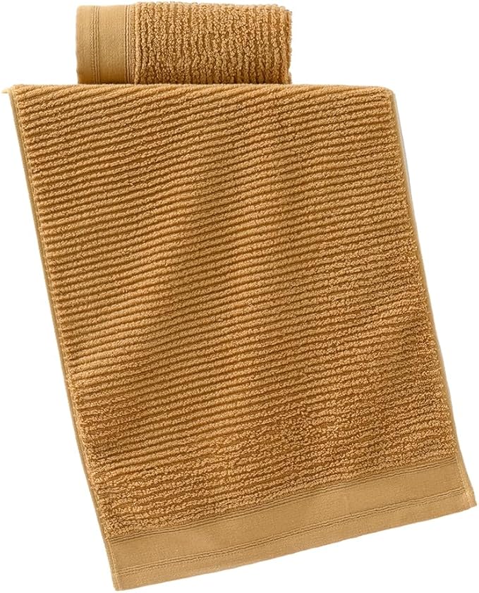 YiLUOMO Super Soft Mustard Orange Hand Towel Set of 2 Ribbed Striped Pattern 100% Cotton Absorbent Decorative Towel for Bathroom 13 x 29 Inch