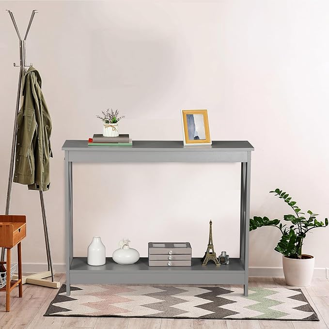 SUPER DEAL Console Table 39.5”, 2-Tier Narrow Sofa Side Table with Storage Shelf, Entrance Table for Hallway/Foyer/Living Room/Corridor/Office, Grey
