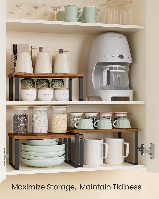 SONGMICS Cabinet Organizer Shelf, Set of 3 Kitchen Counter Shelves, Kitchen Storage, Spice Rack, Stackable, Expandable, Rustic Brown and Matte Black UKCS220K02