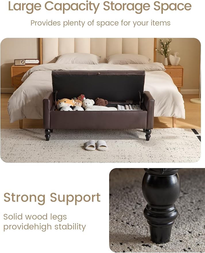 47" Storage Ottoman Bench, End of Bed Bench for Bedroom, Leather Upholstered Ottoman with Storage for Living Room, Entryway, Window (Brown)