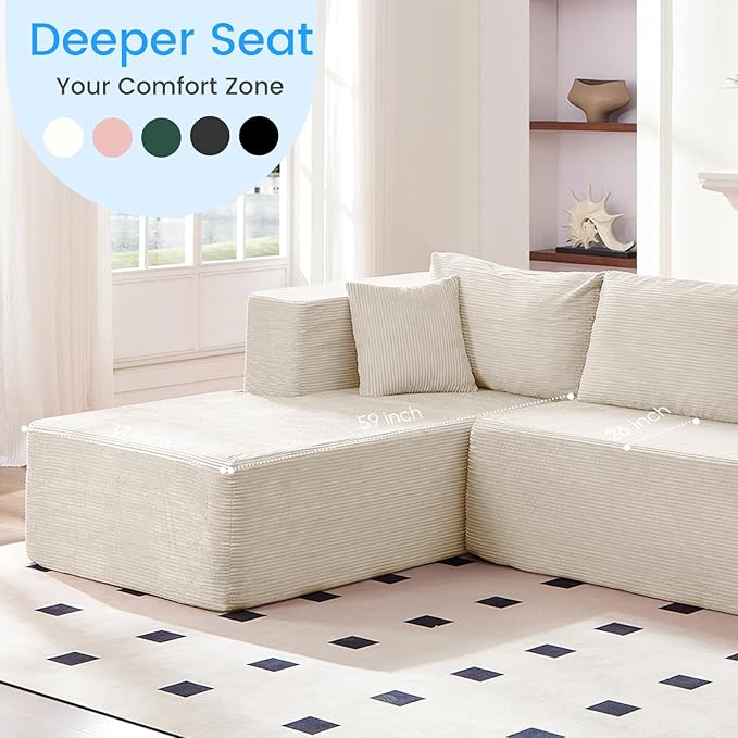 PUREMIND 106" White Cloud Sectional Couch Sectional Couches for Living Room, Corduroy L Shape Sofa with Deep Seat, Modular Boneless Foam Couch Corner Couches No Assembly Required