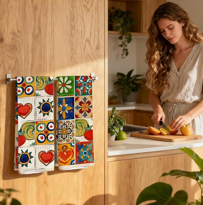 2-Pack Spanish Kitchen Towels, Mediterranean Colorful Tile Pattern Waffle Towels 16x24 Inch, Floral & Fruit Dish Towels Decor for Kitchen, Spanish Inspired Hand Towel for Bathroom Decor.
