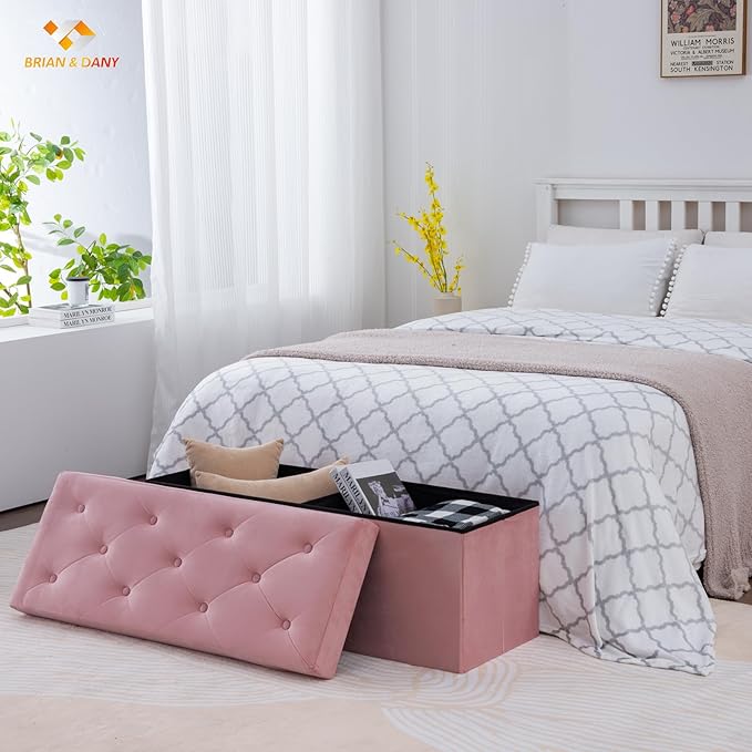 BRIAN & DANY 43 Inches Folding Storage Ottoman Bench, Velvet Ottoman with Storage for Living Room, Long Shoes Bench,Flannelette Footrest Benches Seat (Hot Pink)