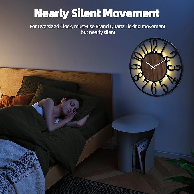 32 Inch Large Metal Wall Clock with Voice and Light Sensor Night Light, Glow in The Dark Non-Ticking Silent Battery Operated Decorative Oversized Wall Clock for Bedroom Living Room Decor