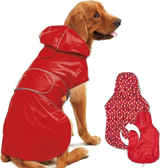 Dog Raincoat Reversible, Single Side Slicker Poncho Adjustable Waterproof Dog Rain Jacket with Leash Hole/Reflective Stripe Hooded Snowproof Windproof Clothes for Small to 3X-Large Dogs, S