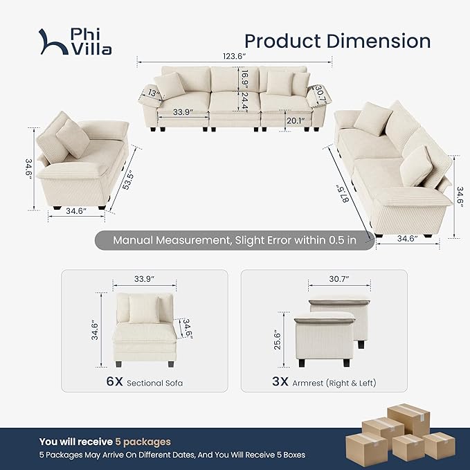 PHI VILLA Cloud Modular Couches Sets, 3 Pieces Large Sectional Sofa Set with Loveseats & Armchair, 6-Seater Upholstered Couch for Living Room, Corduroy Fabric, Beige