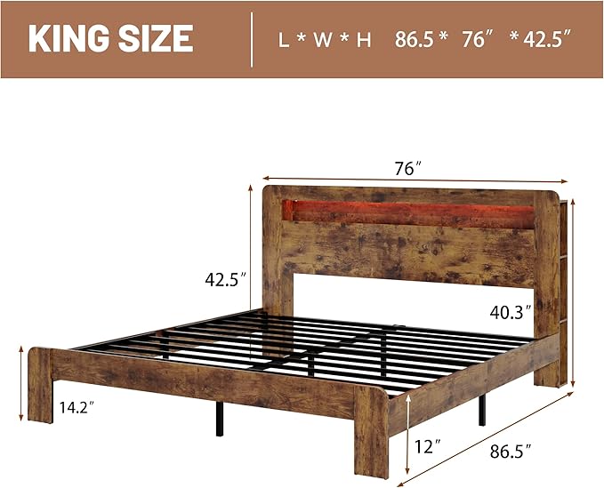 Wood King Size Bed Frame with Headboard, Farmhouse Platform Bed Frame with Bookcase Shelf,LED Lights,Charging Station,Heavy Duty Supports,No Box Spring Needed,Dark Brown