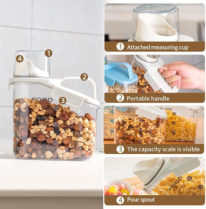 2 PCS Cereal Storage Containers, 1.5L/51oz Dry Food Rice Holder, Pet Dog Cat Food Dispenser with Measuring Cup, BPA Free Clear Plastic Kitchen Pantry Organization Bin, 1 Blue+1 White