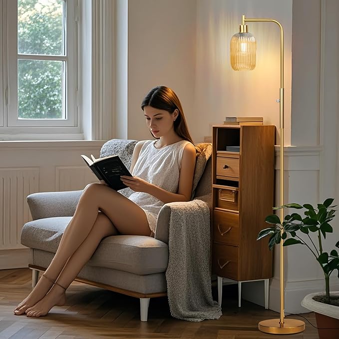 Glass Floor Lamp for Living Room, Dimmer Standing Lamp with Green Ribbed Lampshade,66” Tall Lamp & Gold Floor Lamp for Bedroom Study Room,Brushed Gold (Amber)