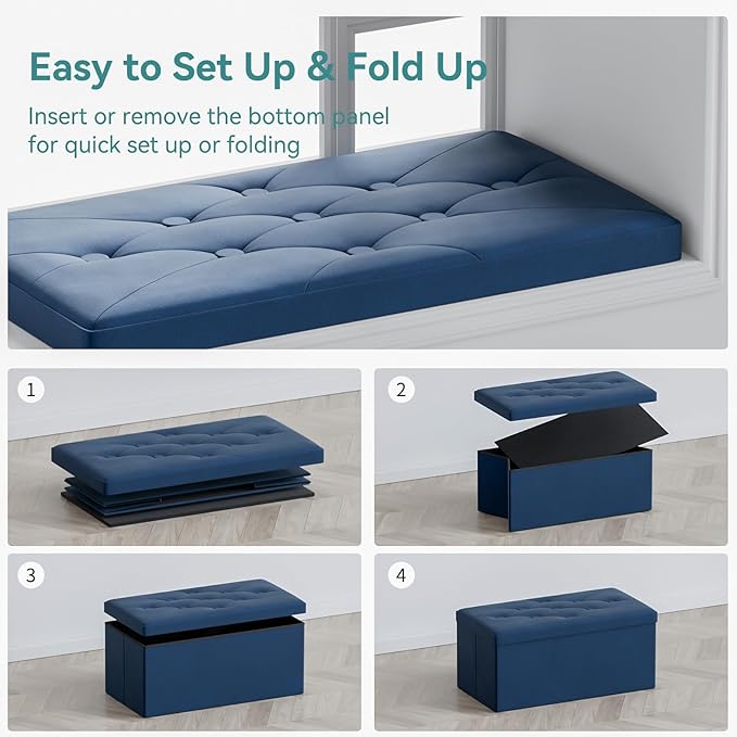 BRIAN & DANY Folding Storage Ottoman Bench, Ottoman with Storage, Foot Rest, Benches Seat for Bedroom, Living Room, Entryway, Long Shoes Bench, 15.7" x 31.5" x 15.7" Blue