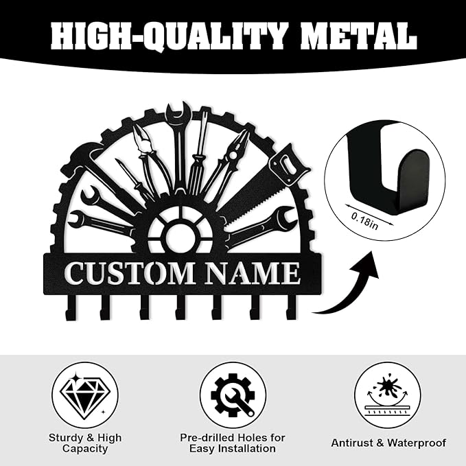 Customized Car Garage Key Holder for Wall, Key Holder Wall Mount, Vintage Man Cave Decor, Key Rack Organizer, Decorative Tools Hooks for Workshop Garage Office Entryway, Personalised Gifts