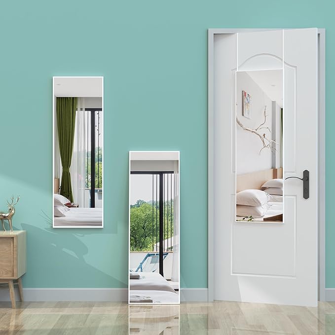 ANYHI Over The Door Mirror, 42"x14" Full Length Mirror for Wall Mirror, 2 Hooks, Aluminum Frame, for Bedromm Bathroom, White