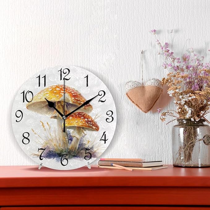 Wall Clock Yellow Mushroom Silent Non-Ticking Decorative Round Wall Clocks Battery Operated for Office Home Living Room Kitchen Bedroom 10 Inch