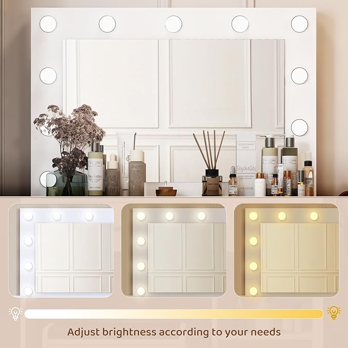 Vanity, Vanity Desk with Mirror, Large Drawer and Power Socket with 11 Light Bulbs and 3 Adjustable Lighting Modes, Vanity Table Ideal for Bedroom (White)