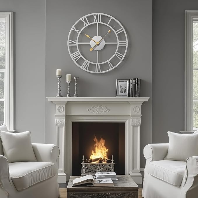 Cuspin 16 inch Wall Clock, Modern Decorative Clock Battery-Operated Silent Non Ticking, Silver Metal Round Clock Roman Numeral Analog for Living Room, Kitchen, Bedroom, Office, Home Decor