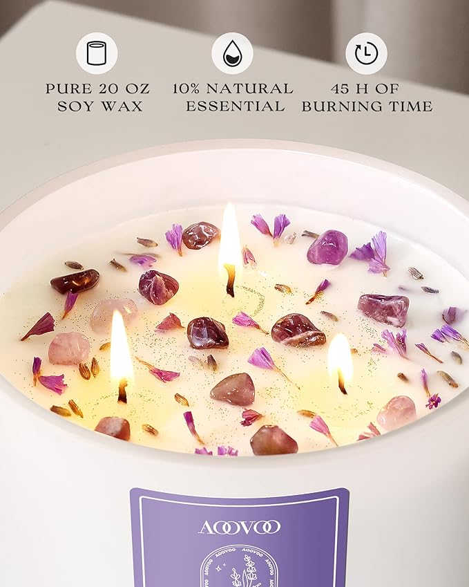 AOOVOO Lavender Scented Candles for Women - 20oz 3 Wick Soy Candles for Home Scented, Aromatherapy Candle with Crystals Inside, Birthday Gifts Christmas Candle for Women Mom