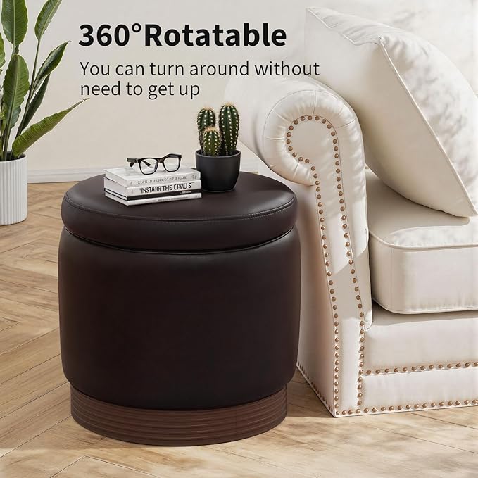 Round Ottoman with Storage,Swivel Vanity Stool-Leather Foot Rest,Upholstered Footstool Pouf with Sturdy Wooden Frame(500 Lb),Small Coffee Table & Hidden Storage Ottoman for Living Room