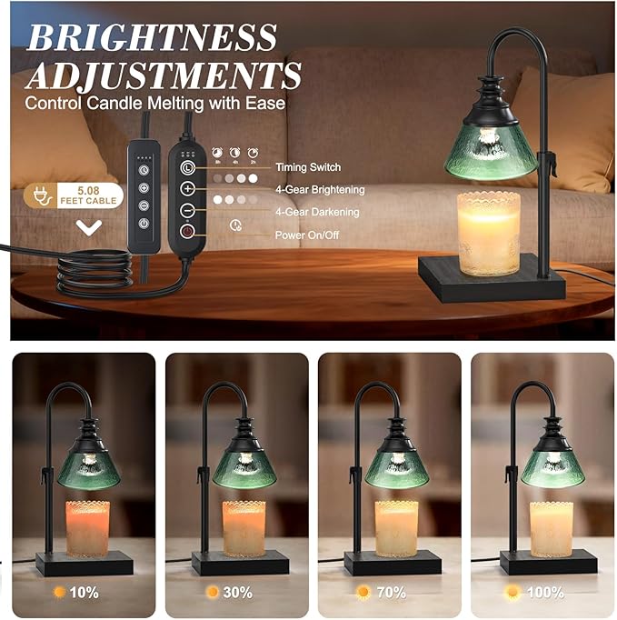 Uflatek Candle Warmer Lamp with Timer DarkGreen, Adjustable Height Dimmable Lamp with 2 Bulbs,Vintage Home Decor, Housewarming Birthday Gifts for Women Mom