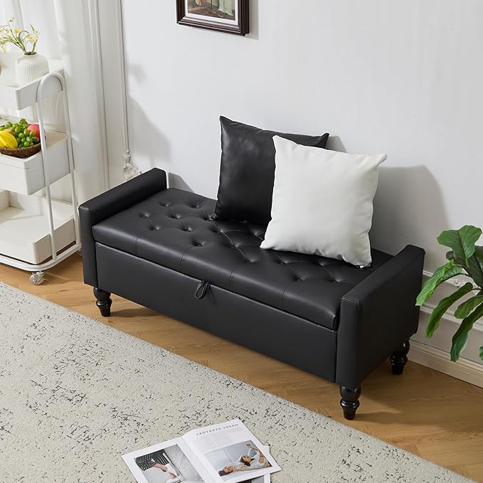 47" Storage Ottoman Bench, End of Bed Bench for Bedroom, Leather Upholstered Ottoman with Storage for Living Room, Entryway, Window (Black)